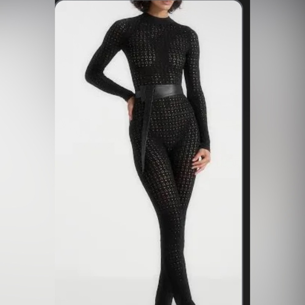 Manière De Voir Pointelle Knit Long Sleeve Jumpsuit with Belt